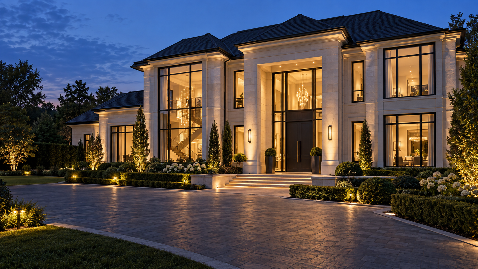 AI architectural concept of a luxury limestone mansion with large windows and a grand entrance