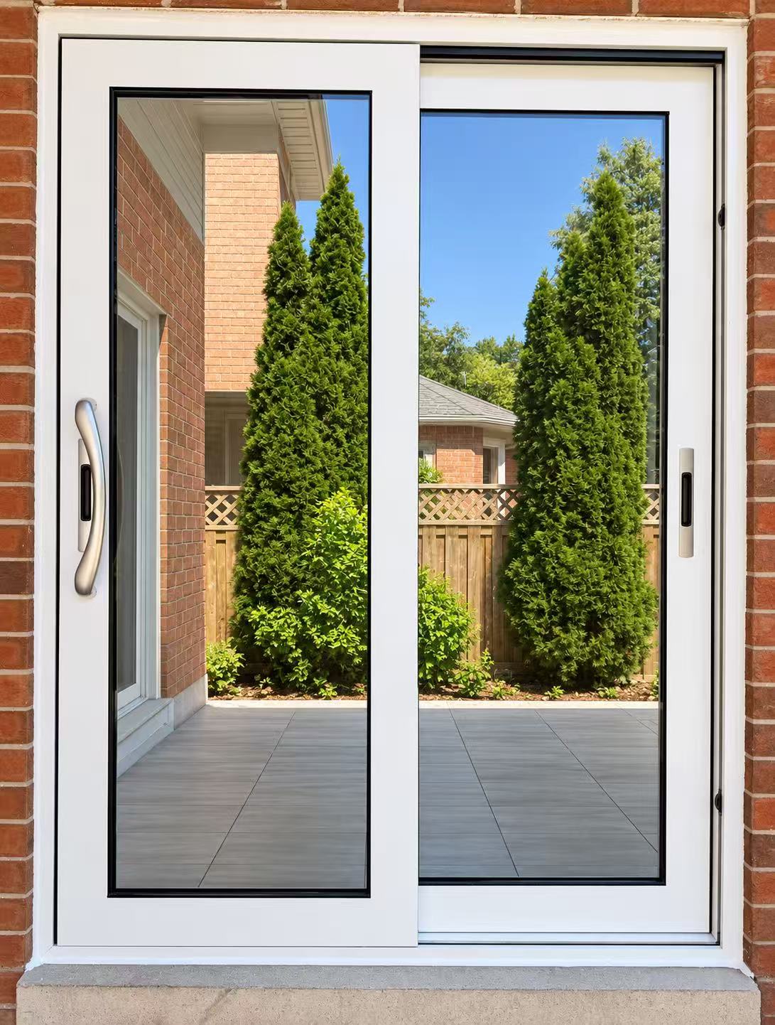 White-framed sliding patio doors beside a brick wall.